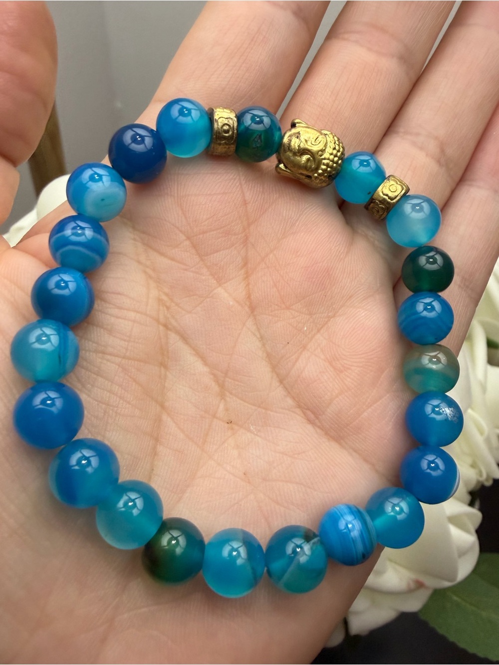 Blue Agate Bead Bracelet with Gold Buddha Accent